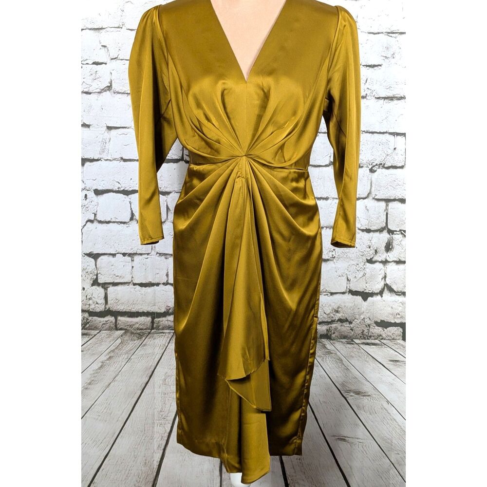 MARCIANO GUESS Gathered Draped Satin Sheath Dress Goldenrod Classy Elegant Sz 6